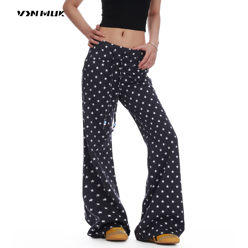 Vinmuk American Retro Playful Star-Print Flared Casual Pants for Women, Summer Slimming Drapey Sports Bell-Bottom Pants