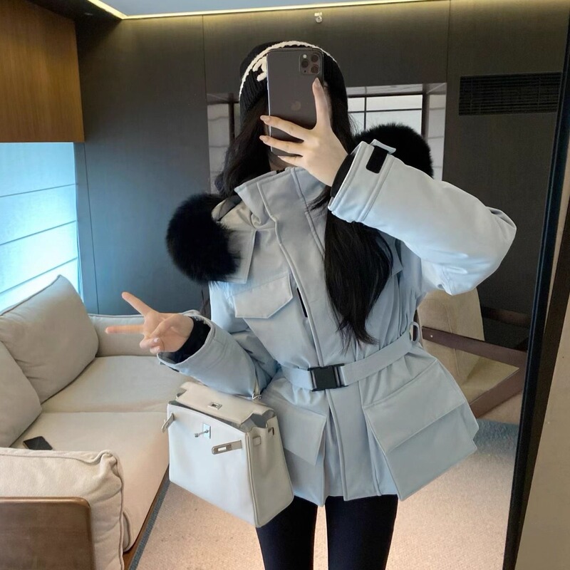 European High-End Women's Short down Jacket with Fox Fur Collar, Waist-Cinching, Three-Proof (Waterproof, Windproof, Breathable) Jacket, Ski Jacket, Workwear Jacket, New for Winter