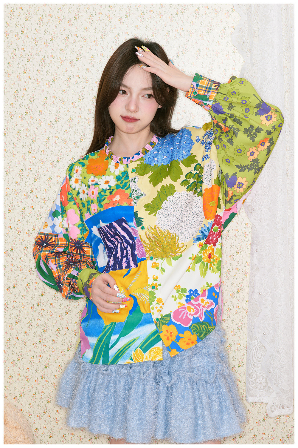 パッチワーク花柄シャツ 長袖 パッチワーク レトロな雰囲気 tntntutu