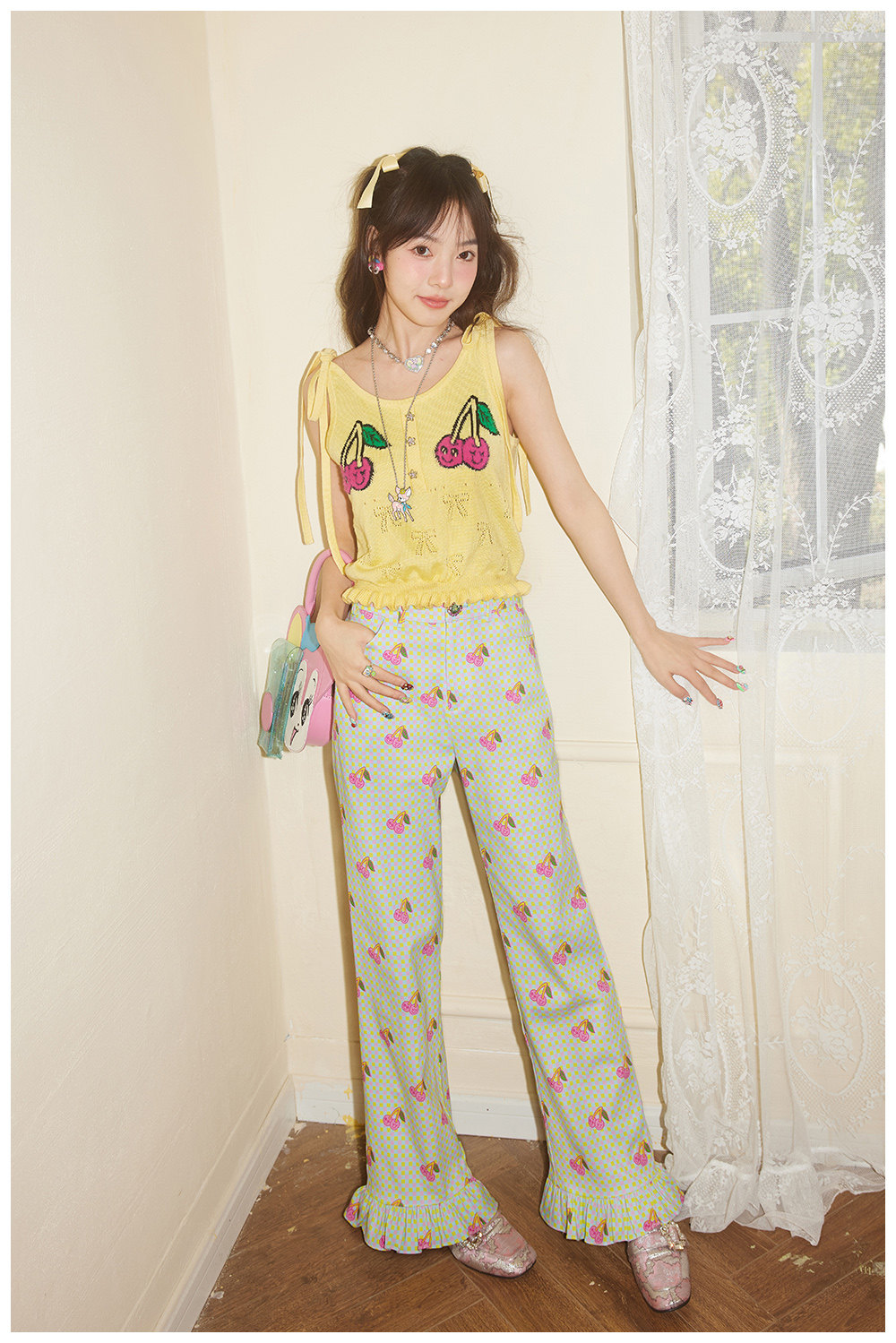 【にく様】tntntutu テンテンツツ フリル チェリー ブロックチェック チェリーチェック フリルストレートパンツ tntntutu - テンテンツツ
