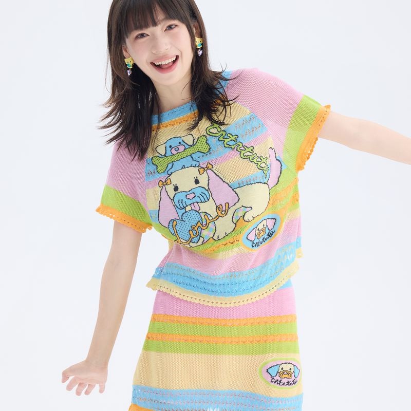 Tntntutu Colorful Hollow-Out Knit Puppy Short-Sleeve Skirt Set Childlike Retro Casual Peach Heart Store Tntntutu Colorful Hollow-Out Knit Puppy Short-Sleeve Skirt Set Childlike Retro Casual Peach Heart Store