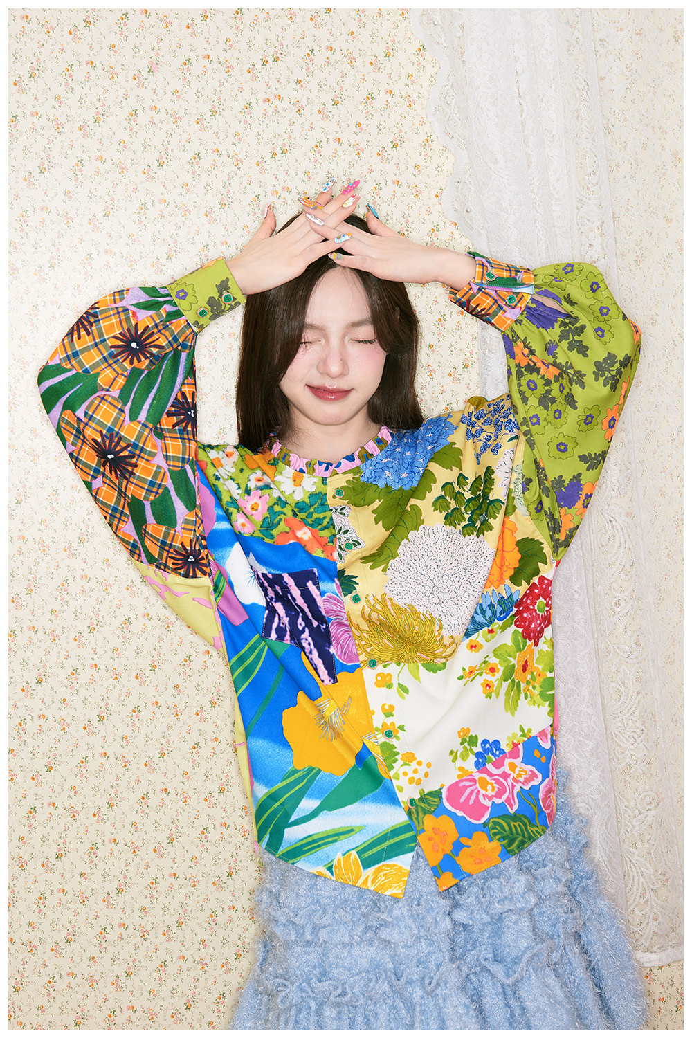 パッチワーク花柄シャツ 長袖 パッチワーク レトロな雰囲気 tntntutu