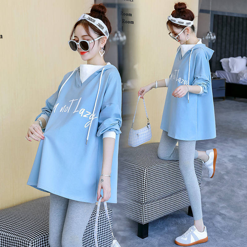 Maternity Autumn Sweater Set Mid Length Maternity Spring and Autumn Pure Cotton Long Sleeve Bottoming Top Korean Thin Coat