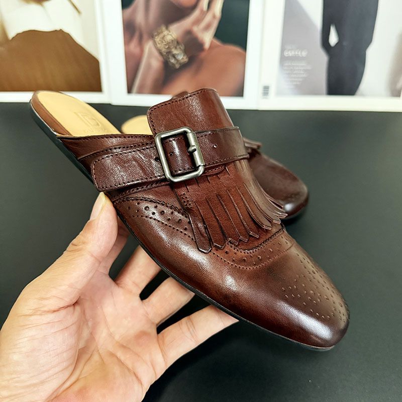 2026 Washed Horse Leather Mules with Open Toe, British Style Carved Tassel Flat Mules, Fashionable and Versatile Women's Shoes