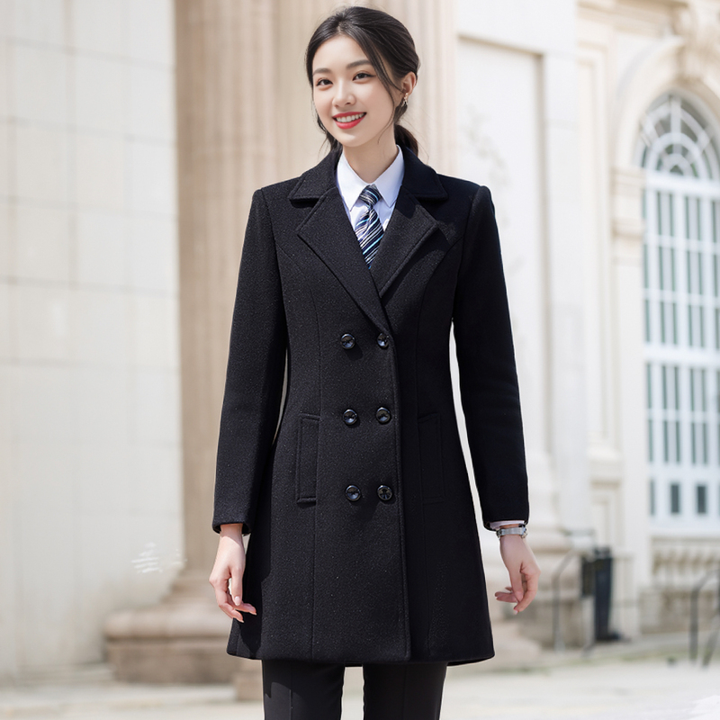 Black Woolen Coat, Mid-Length, Double-Breasted, Professional Wear, High-End Feel, Stylish Lapel, Quilted, Warm Woolen Overcoat