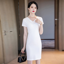 White bag gluteal dress sexy tight fit one step skirt V collar short sleeve close-up waist and high sense temperament professional dress