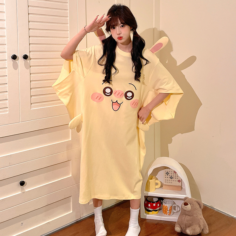 Usaqi Nightgown for Girls Summer 2026 New Batwing Sleeve Mid-Length Quirky Plus Size Student Pajamas Home Dress