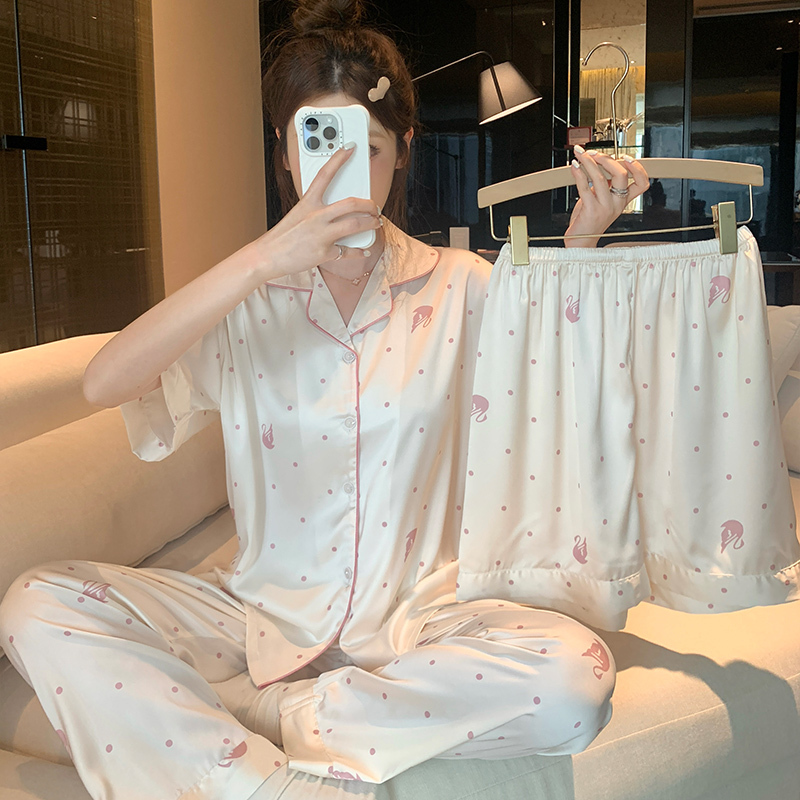Ice Silk Thin Pajamas for Women, Summer Short-Sleeved Lapel Three-Piece Set, Cool Silk Extra Large Size Plus-Size Home Wear Set