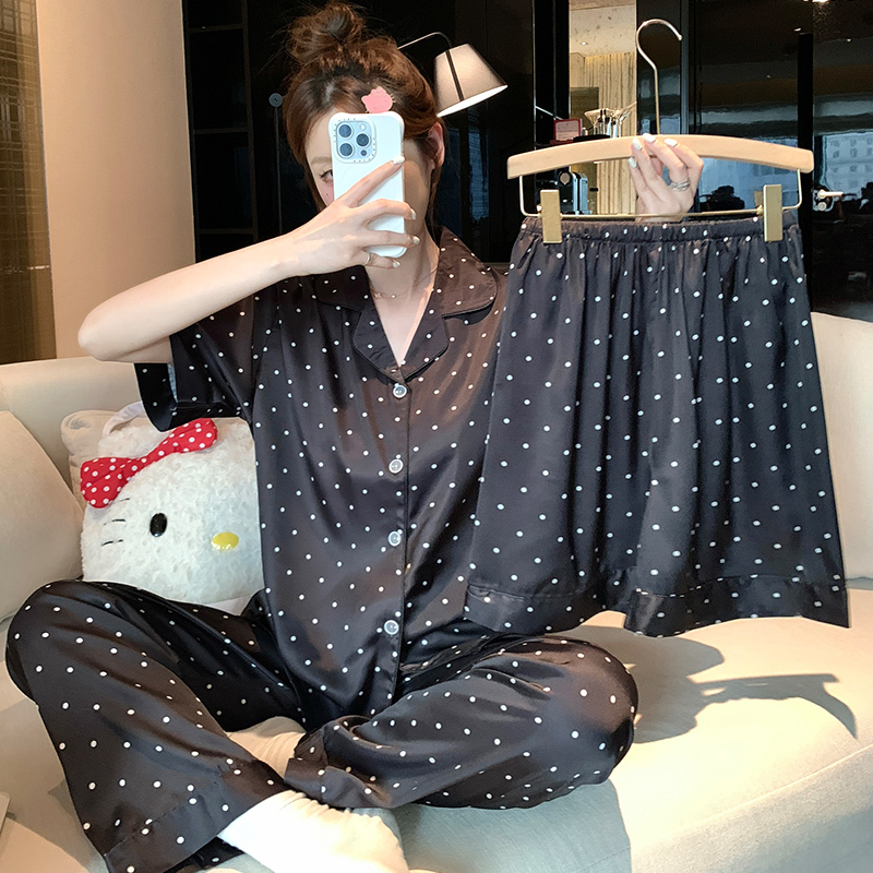 Cool and Breathable Silk Pajamas for Women, Summer Thin Style, Ice Silk Short-Sleeved, Extra Large Size for Plus-Size Women, 150kg Home Wear Set