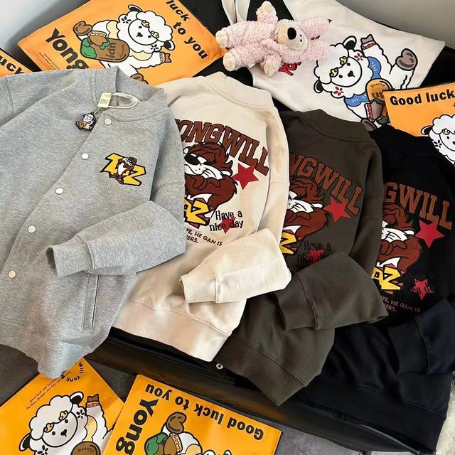 ຖົງເຈ້ຍ Trendy Home Spring Welfare Model Big Tooth Monster Heavy Patch Embroidery Double Strand Terry Stand Collar Trendy Brand Baseball Jacket