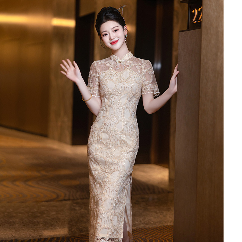 New Chinese-Style Engagement Dress 2026 New Champagne-Colored Lace Cheongsam Modified Morning Gown Dress That Can Be Worn Casually by Women