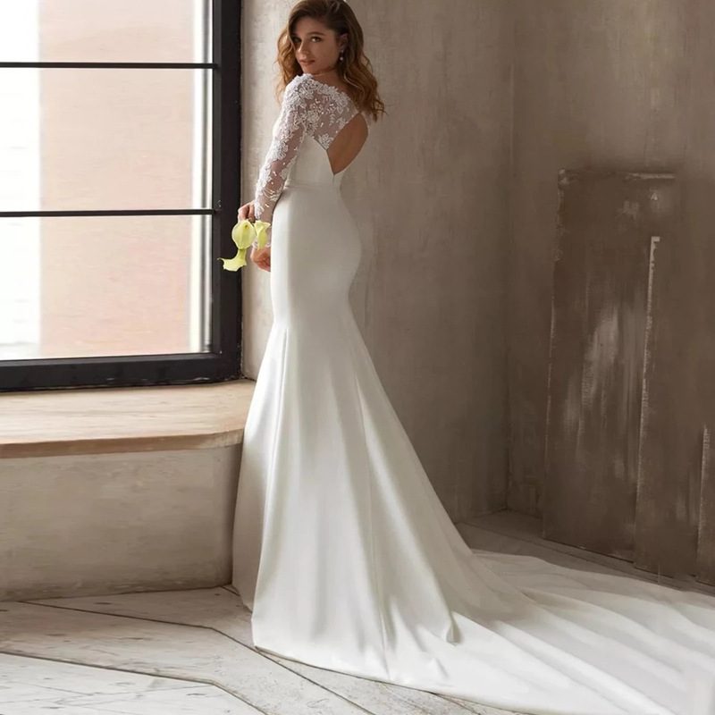 Long -sleeved wedding dress 2024 new simplicity U collar, fish tail, traveling small trailer soft yarn thin Long -sleeved wedding dress 2024 new simplicity U collar, fish tail, traveling small trailer soft yarn thin