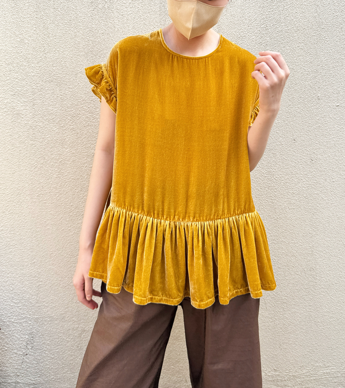 Candy-Colored Bright Yellow Silk Velvet Top, Round Neck Ruffled Short-Sleeve Loose Babydoll Shirt, Summer