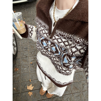 Meijiji fair isle lazy atmosphere sweater autumn and winter new retro sweater jacket lapel top for women