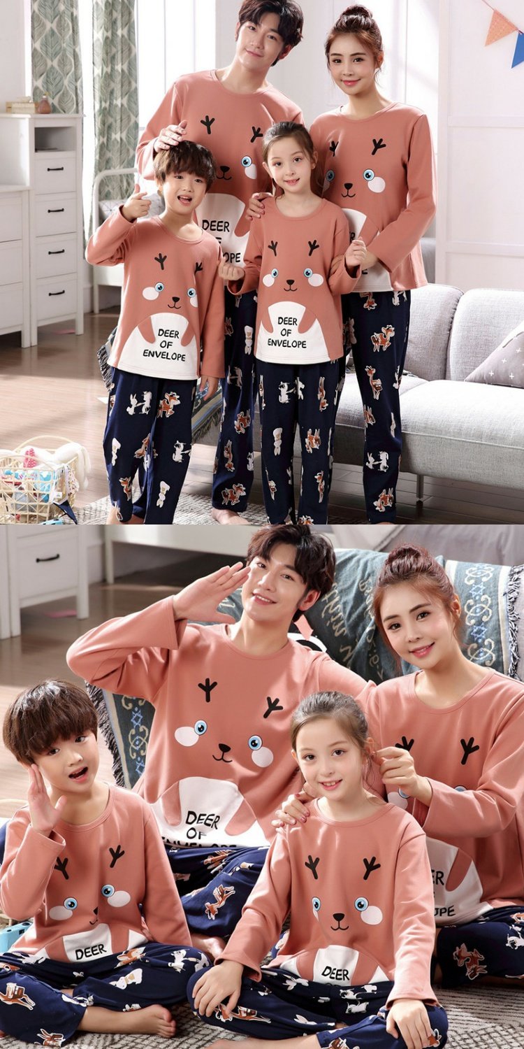 Đồ ngủ cha mẹ trẻ em mùa xuân và mùa thu 100% cotton gia đình tinh khiết ba người đàn ông và phụ nữ trẻ em hoạt hình dài tay phù hợp với dịch vụ nhà đồ ngủ mùa hè 