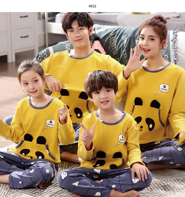 Đồ ngủ cha mẹ trẻ em mùa xuân và mùa thu 100% cotton gia đình tinh khiết ba người đàn ông và phụ nữ trẻ em hoạt hình dài tay phù hợp với dịch vụ nhà đồ ngủ mùa hè 