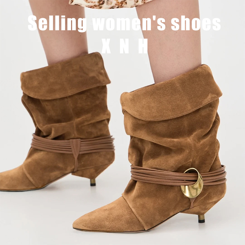 Kitten Heel Pointed Pleated Lace-Up Slouch Boots 2026 Spring/Summer Vintage Leather Cuffed Metal Buckle Fashion Ankle Boots