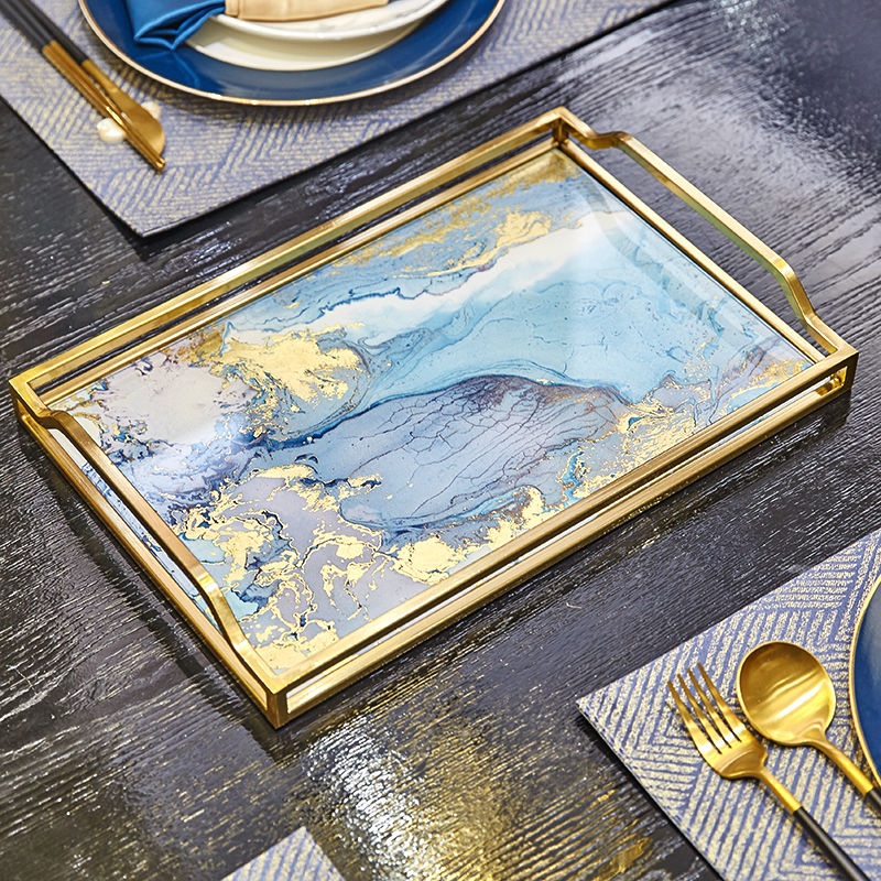 Light and luxurious yellow Stream gold Tray Green Agate Gold Leaf Bronze Frame Living Room Tea Table Remote Control Tissue Box Containing Fruit Pan Tea Tray