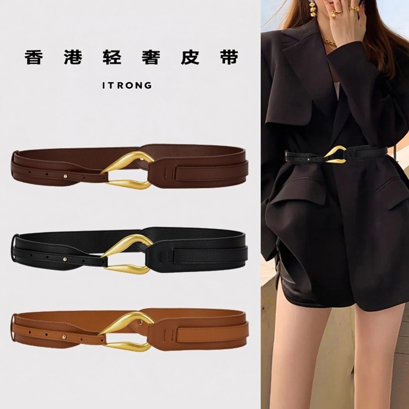 Hong Kong Light Luxury Women's Belt Alloy Buckle Waist Belt Genuine Leather Belt Black Versatile 2026 New Model