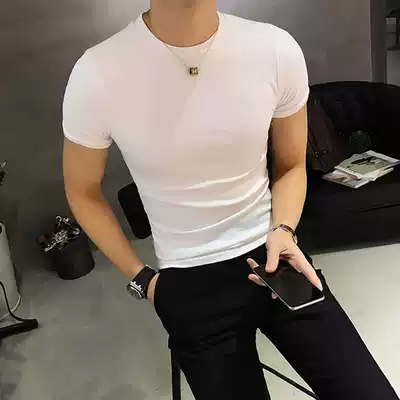 2021 short sleeve T-shirt men's close base shirt short trend pure white stretch Korean slim fitness Cotton