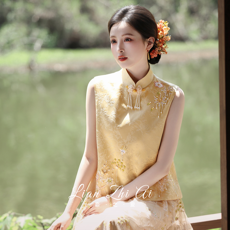 【Flower Boat】Engagement Dress, New Chinese-Style Retro Mid-Length Daily Suit, Toast Dress, Bride's Light Luxury Niche Style