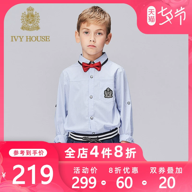 IVY HOUSE Ivy Kids Boys 2020 Spring and Autumn New sọc dài tay áo sơ mi giản dị Ve áo - Áo sơ mi