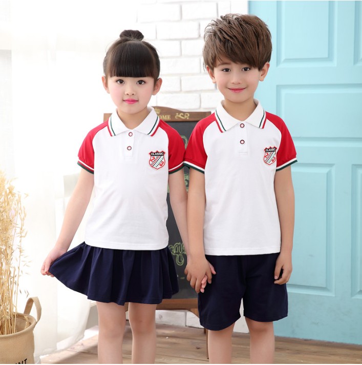 Mẫu giáo dịch vụ vườn mùa hè phù hợp với trẻ em đồng phục học sinh tùy chỉnh ngắn tay màu gió Anh phù hợp với cotton lớp học hiệu suất dịch vụ quần áo trẻ em