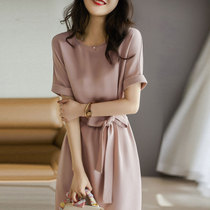 Mularsa Heavy Crepe Mulberry Silk Dress Dress Woman 2022 Summer New Fashion Temperament Fog Pink Lace Dress