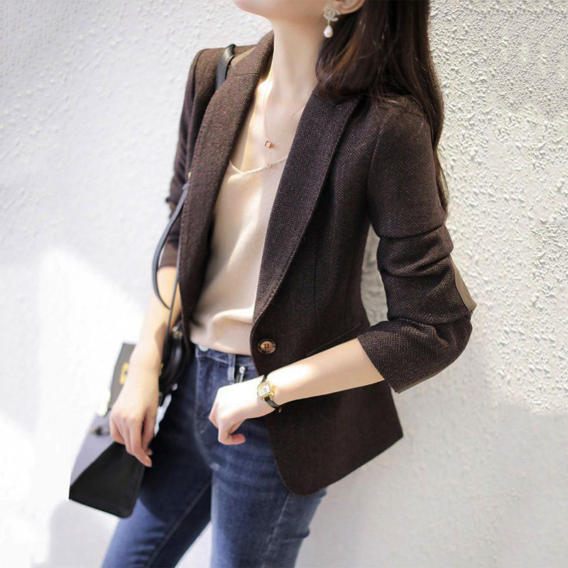 mularsa woolen small blazer women's new stitching suede sleeves one button waist Stripe slim suit