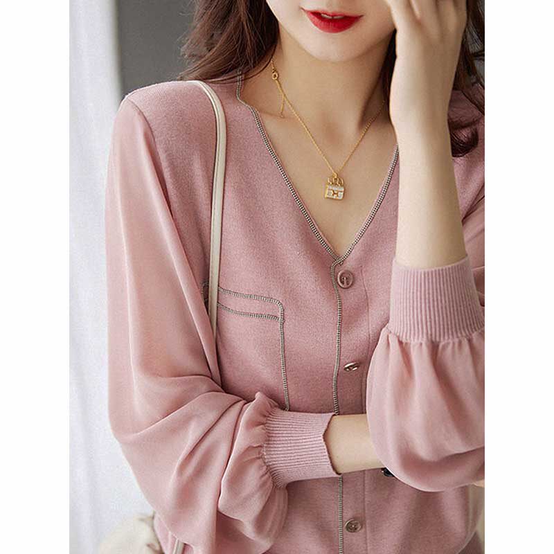 Mularsa method Lantern Sleeves Pink Knit Cardiovert 2022 Spring New Loose-aged wool blouse