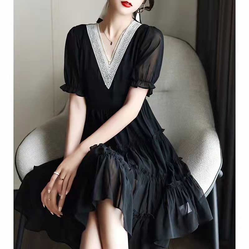 Mularsa Herbenwind Black snowspun Ocean dress 2022 Summer new high waist splicing short sleeves Don't make a dress