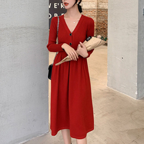Mularsa Korean version 100 lap V collar knit dress dress woman 2022 spring new high waist display slim down base sweater dress