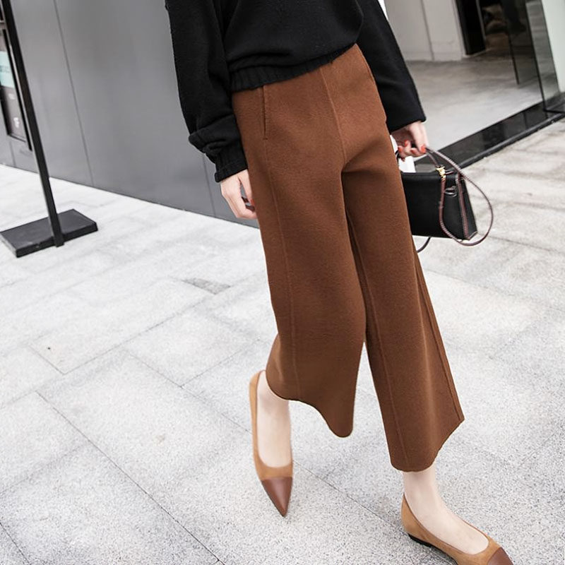 Mularsa woolen nine-point wide-leg pants women's 2021 autumn new straight-leg pants elastic waist high waist large size pants