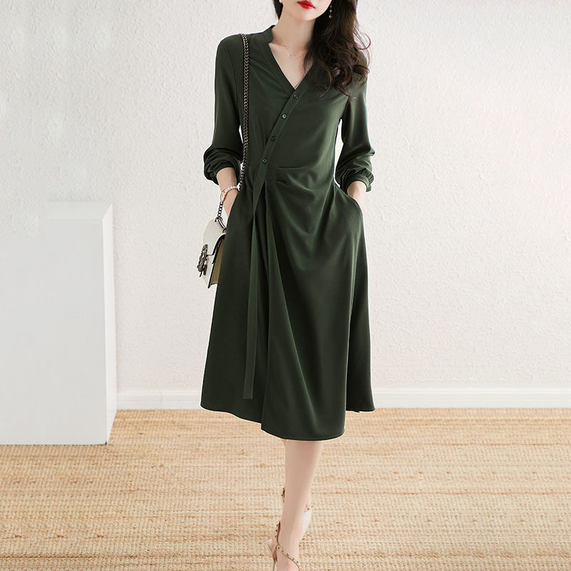 Mularsa retro art collection Oblique Door Flap Lace Foreign Dress Women 2022 Spring collection Waist Temperament Long Dress