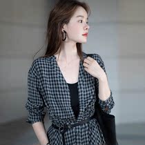 Mularsa plaid long sleeve shirt with dress shirt woman 2022 spring new advanced senses waist display slim A character dress