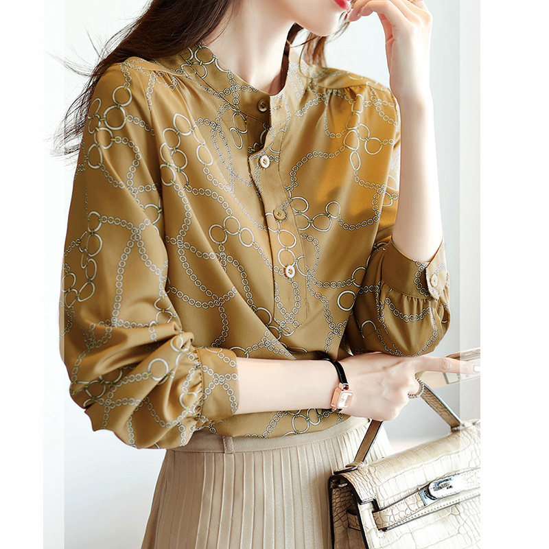 Mularsa Khaki long sleeve chiffon shirt women's 2021 new French stand-up collar top Western style in-line shirt