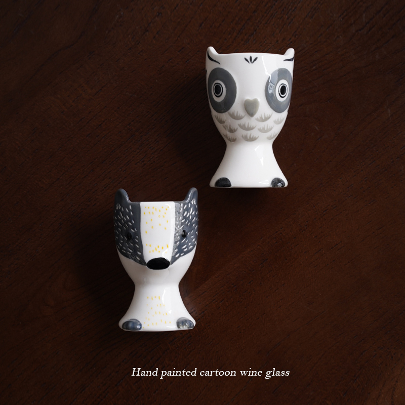 Nordic style hand-painted illustrations of cute fox owl Owl Ceramic Small Wine Goblet of High-footed Goblet Wine Goblet