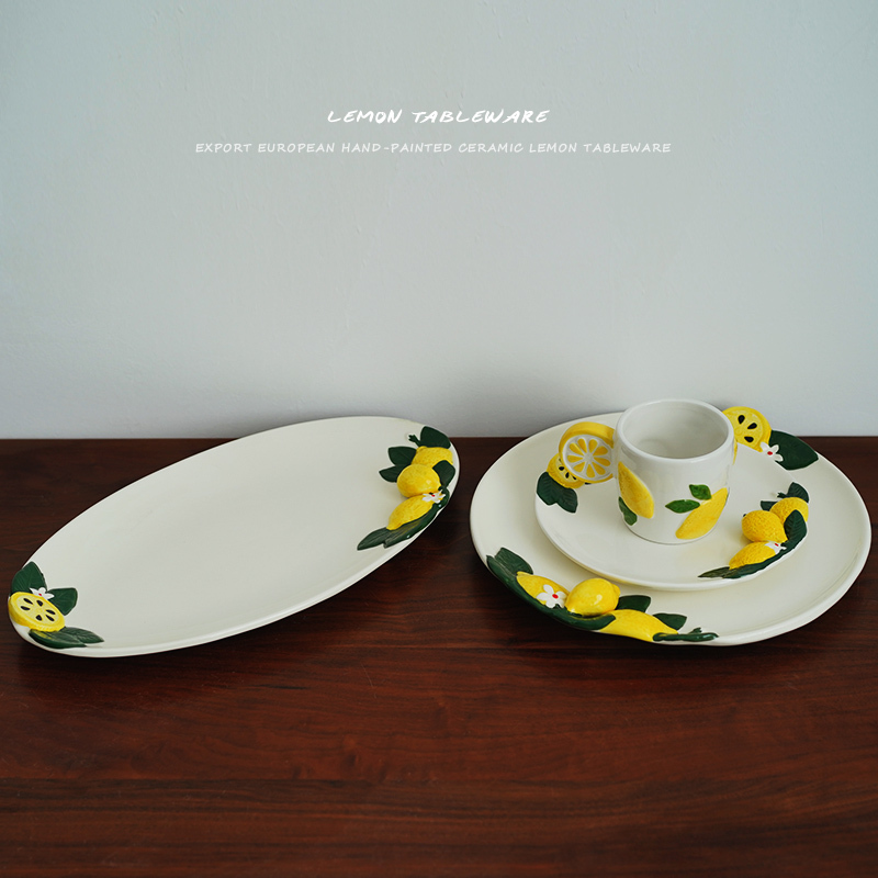 Sicilian, Italy, Three-Dimensional Hand-Painted Lemon-Themed Ceramic Tableware, Oval Plate, Western-Style Plate, Round Plate, Water Cup