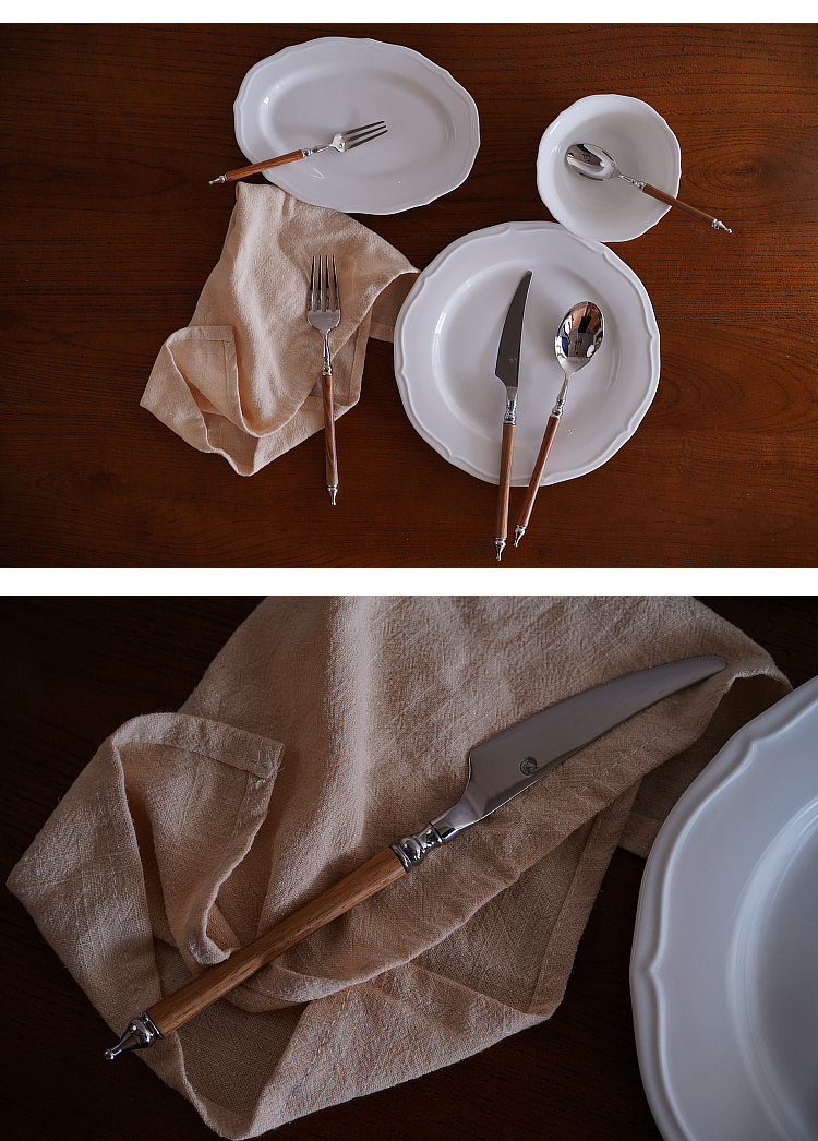 Description Picture 4 of itemSolid Wood Handle 304 Stainless Steel Western Food Knife, Fork, Spoon Set, Household Tableware Suit, Natural Yellow, 5Pcs