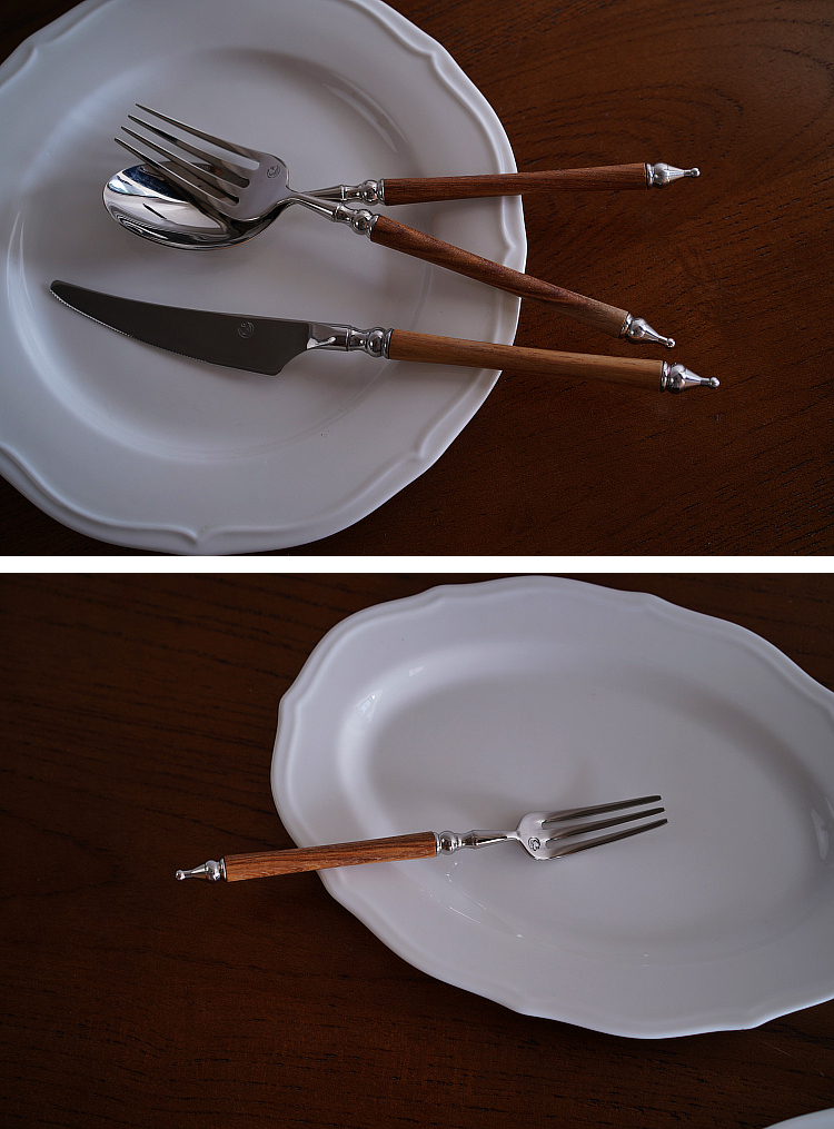 Description Picture 6 of itemSolid Wood Handle 304 Stainless Steel Western Food Knife, Fork, Spoon Set, Household Tableware Suit, Natural Yellow, 5Pcs