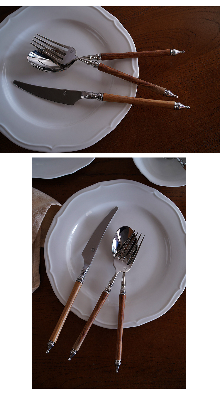 Description Picture 5 of itemSolid Wood Handle 304 Stainless Steel Western Food Knife, Fork, Spoon Set, Household Tableware Suit, Natural Yellow, 5Pcs