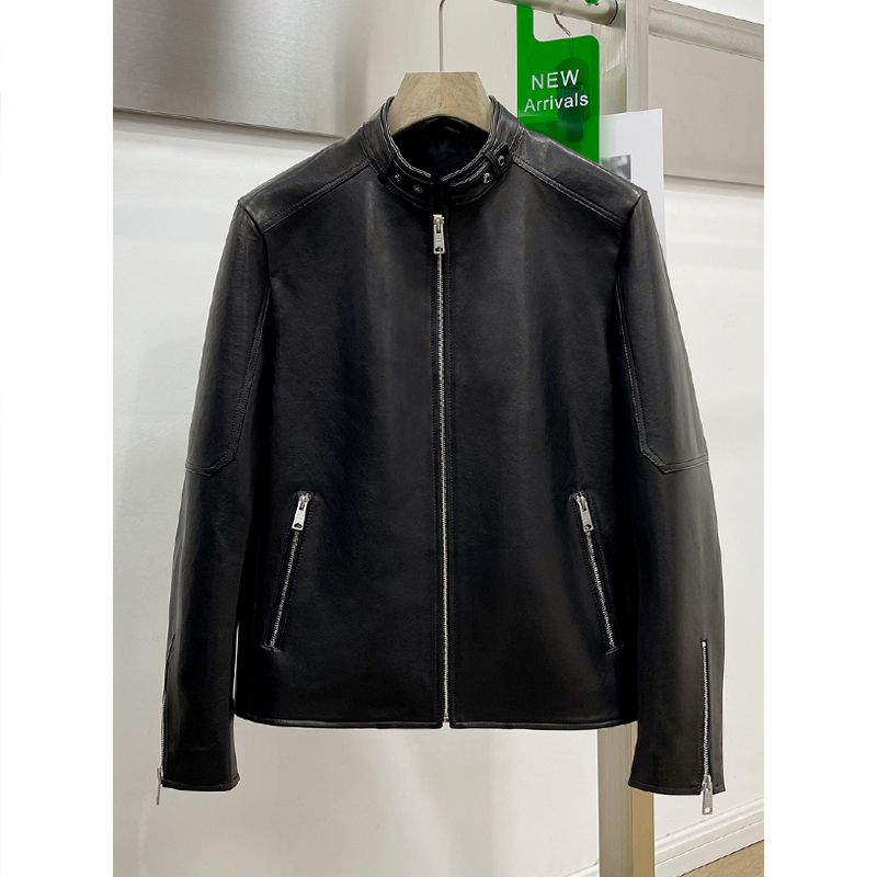 Annu Celebrity Style Imported Sheepskin Genuine Leather Jacket for Men, Haining Short Stand Collar Biker Jacket down Coat