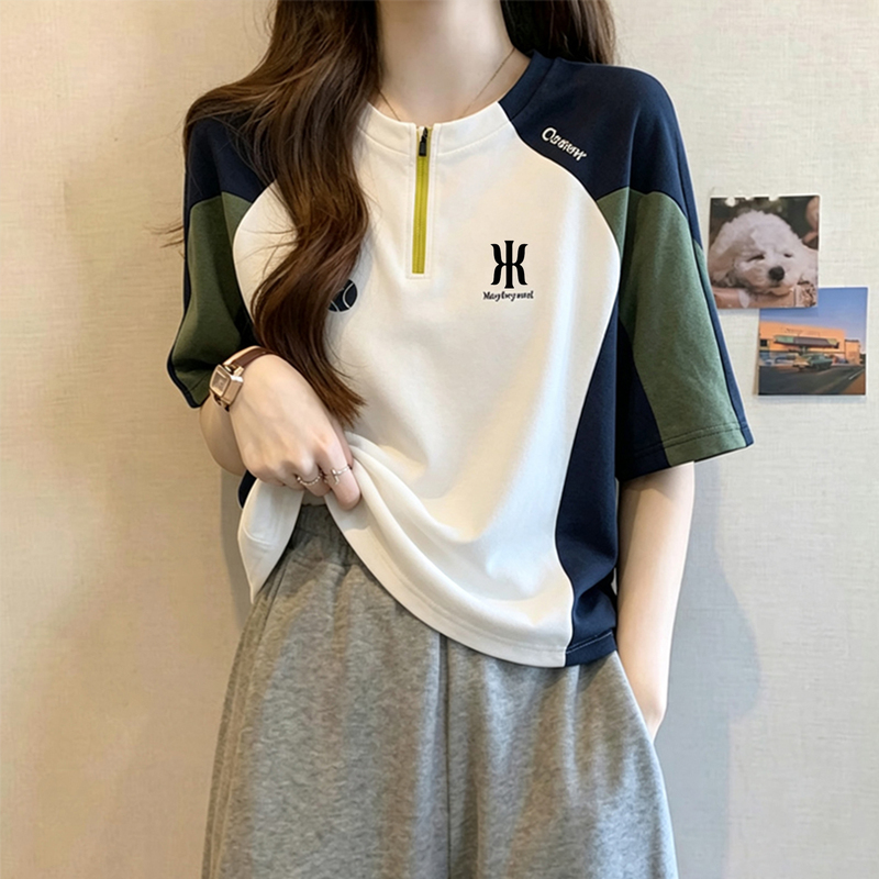 Sports Style Contrasting Color Stitching Half-Zip Short-Sleeved T-Shirt for Women 2026 Summer New Style Loose and Versatile Casual Top Trendy Sports Style Contrasting Color Stitching Half-Zip Short-Sleeved T-Shirt for Women 2026 Summer New Style Loose and Versatile Casual Top Trendy