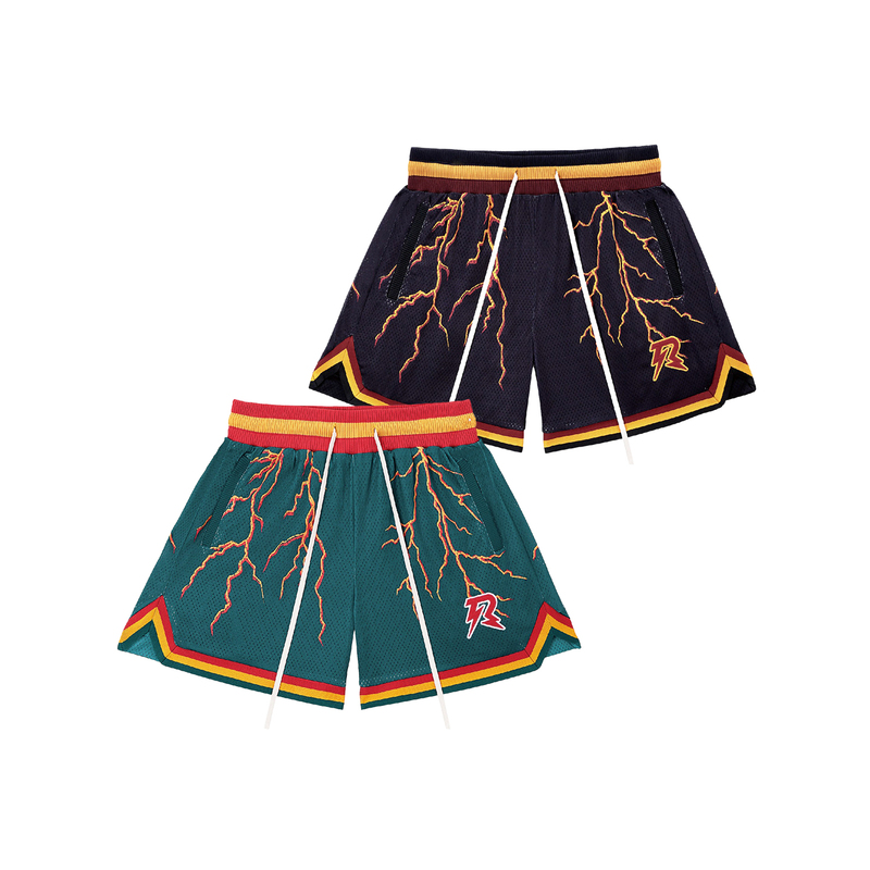 Reserff Lightning Mesh Print Summer Shorts American Retro Double Layer Super Heavy Weight Loose High Street Couple