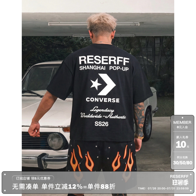Reserff X Cnvrs Collaboration American-Style Black Pure Cotton Crew Neck Printed Oversized Heavyweight Commemorative Short-Sleeve T-Shirt for Men Reserff X Cnvrs Collaboration American-Style Black Pure Cotton Crew Neck Printed Oversized Heavyweight Commemorative Short-Sleeve T-Shirt for Men