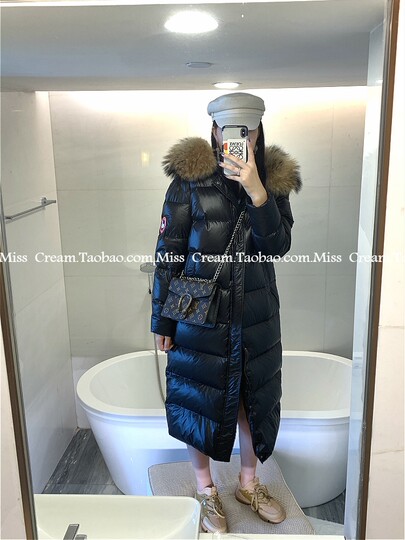 Thickened extra long goose down down jacket for women slim fit and warm 2025 winter new imported raccoon fur collar knee-length A-line