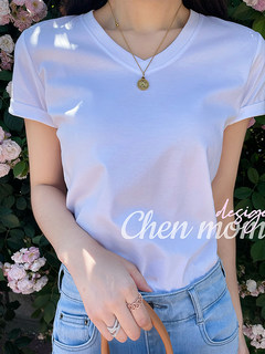 White V-Neck T-Shirt for Women, 2025 Summer New Style, 80-Count Mercerized Cotton, Solid Color, Short-Sleeved, Slim Fit, Classic and Simple