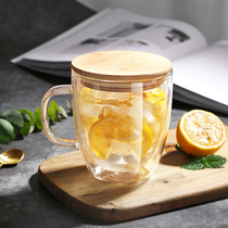 Double layer transparent heat-resistant belt handle glass Household milk cup with handle Teacup Creative with cover Office drinking water