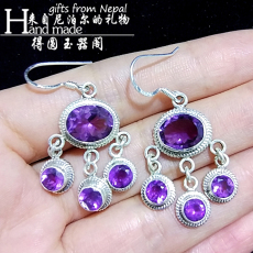 Серьги 尼泊尔印度手工925银镶天然紫水晶耳环捕梦网耳坠流苏复古民族风 OTHER