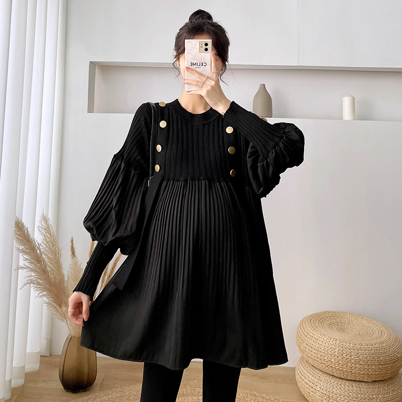 2022 new maternity clothing spring clothing knitted stitching lantern sleeves cover belly slimming top spring and autumn pleated dress